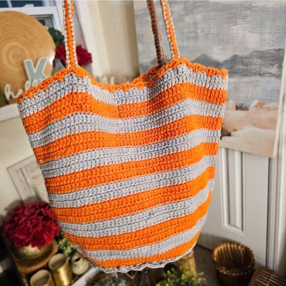 Orange & Grey Crochet Tote Bag by Kat. Man.Doo – Made in Nepal – Cotton – Small - Picture 11 of 14